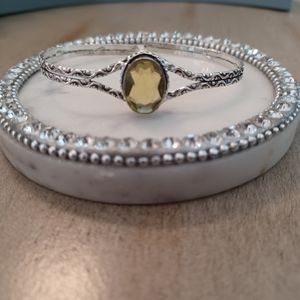 Smoky Topaz Thin Silver Etched Bangle Cuff Bracelet